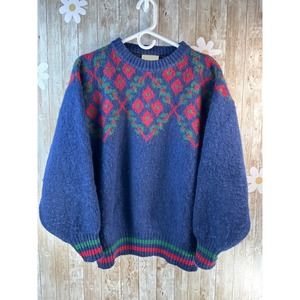 Alafloss Womens Vintage Icelandic Sweater M Navy Red Green Fair Isle 100% Wool